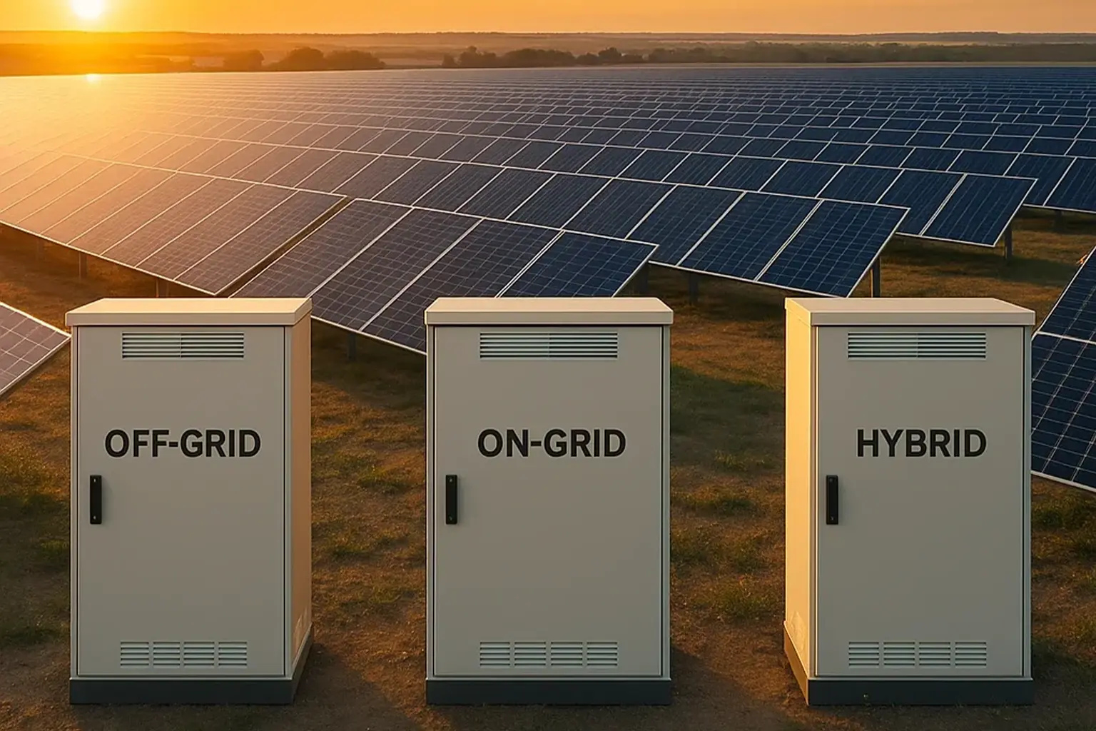 مقایسه تصویری انواع اینورتر خورشیدی Off‑Grid، On‑Grid و Hybrid در مزرعه بزرگ