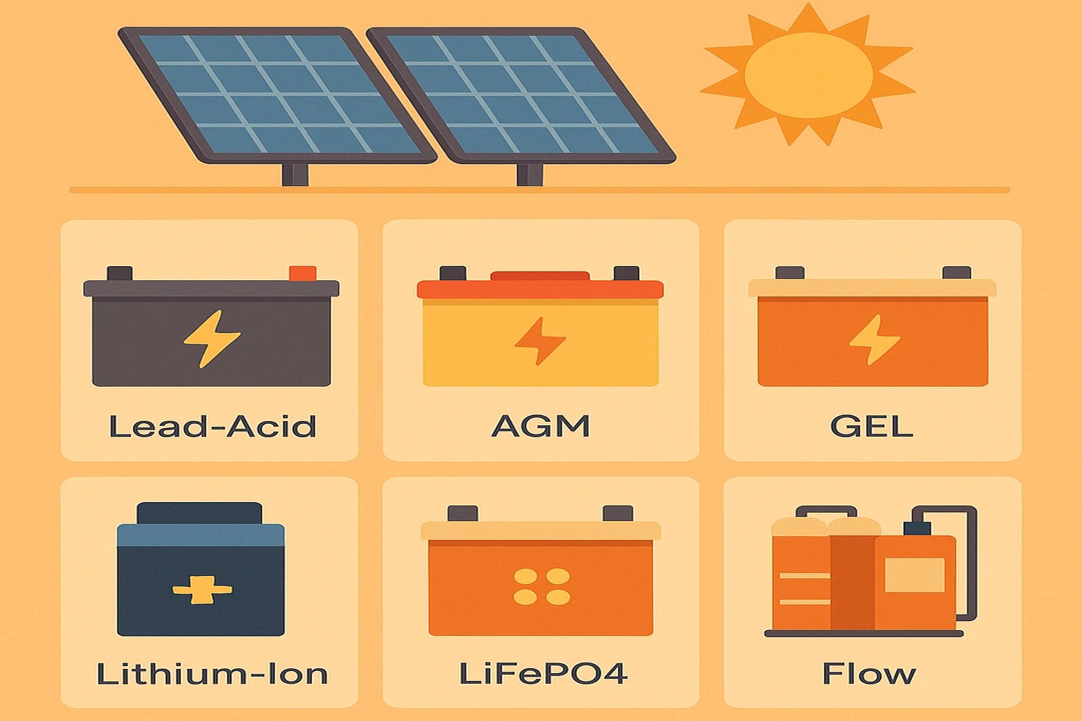 اینفوگرافیک افقی مقایسه انواع باتری خورشیدی؛ سرب اسیدی، AGM، ژل، لیتیوم و فلو
