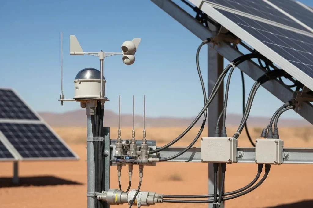 سنسورها و تجهیزات هواشناسی نیروگاه خورشیدی شامل پایرانومتر، سنسور باد و دما برای محاسبه Performance Ratio و پیش‌بینی تولید