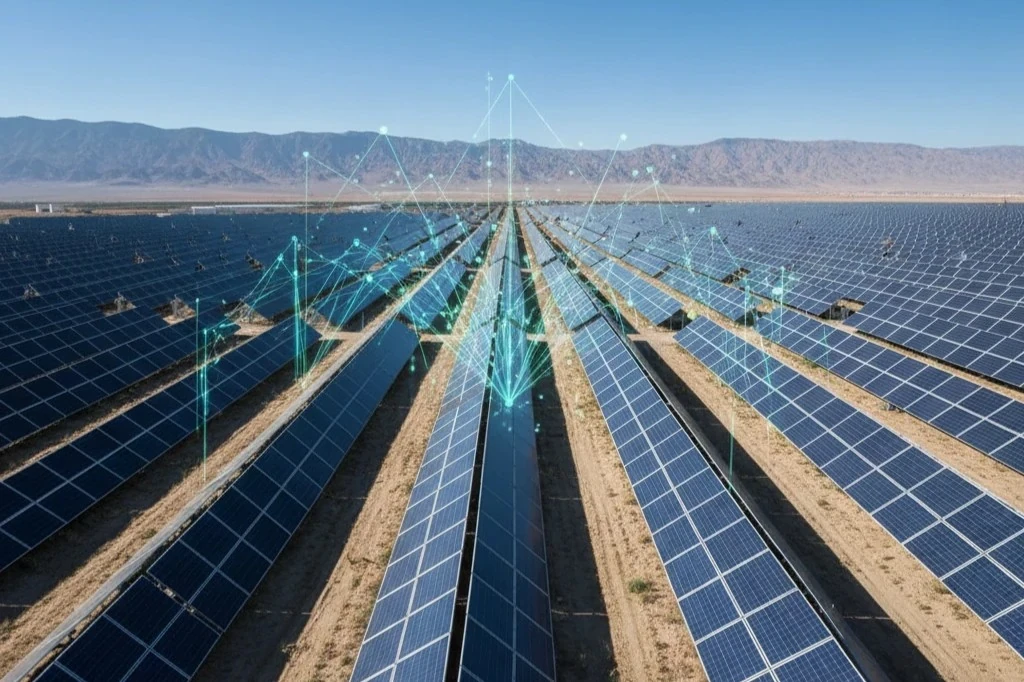 نمای کلی نیروگاه خورشیدی مقیاس بزرگ با نمایش مفهومی مانیتورینگ هوشمند، پایش لحظه‌ای تولید و انتقال داده‌های عملکرد پنل‌ها به سامانه ابری